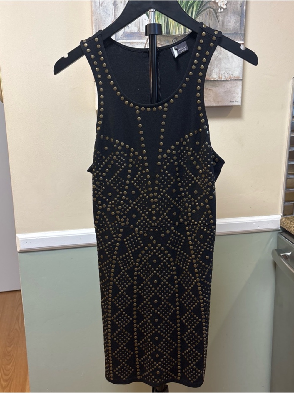 Sparkle & Fade Black Midi Dress with Gold Studs
